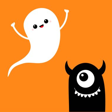Tatlı beyaz hayalet ruhu. Sivri dişli, boynuzlu canavar suratlı. Mutlu Cadılar Bayramı. Çizgi film kawaii komik bebek karakter seti. Siyah siluet simgesi. Düz dizayn. Tebrik kartı. Turuncu arka plan izole edildi. Vektör