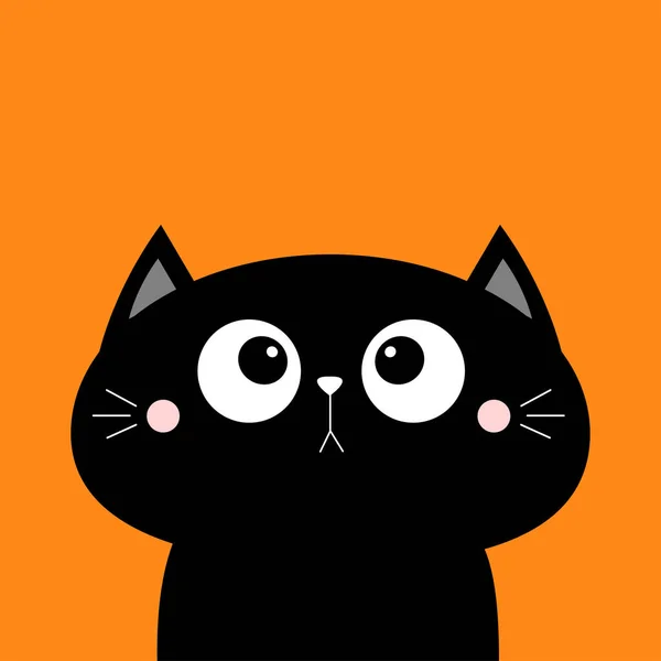 黑猫脸孔图标 Kawaii动物 可爱的卡通人物 黑色的轮廓 婴儿卡 大眼睛 平面设计 笔记本封面 贴纸打印 橙色背景 — 图库矢量图片