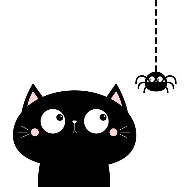 Asılı Örümcek Böceğine Bakan Kedi Suratlı Sevimli Çizgi Film Karakteri — Stok Vektör