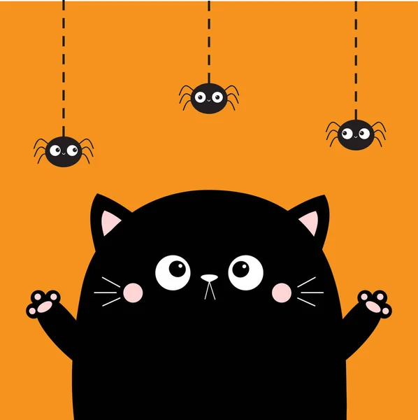 Kočičí Tvář Hledící Visícího Pavouka Šťastný Halloween Baf Roztomilá Kreslená — Stockový vektor