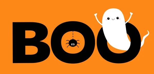 Glad Halloween Flygande Spökande Ande Boo Text Med Hängande Spindel — Stock vektor