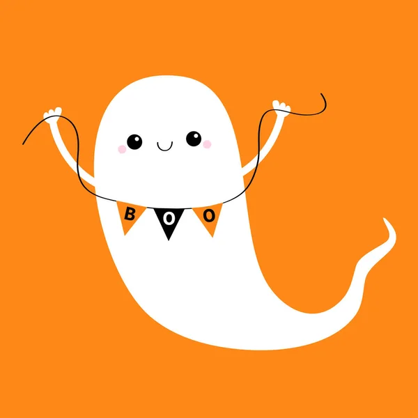 Vznášející Duch Držící Vlajku Boo Šťastný Halloween Roztomilý Karikatura Kawaii — Stockový vektor