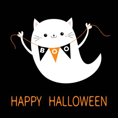 Uçan Kedi Hayalet Ruhu, Bunting Boo bayrağını taşıyor. Mutlu Cadılar Bayramı. Şirin çizgi film kawaii ürkütücü bebek karakteri. Korkunç beyaz hayaletler. Gülen surat. Tebrik kartı. Siyah arka plan. Düz dizayn. Vektör