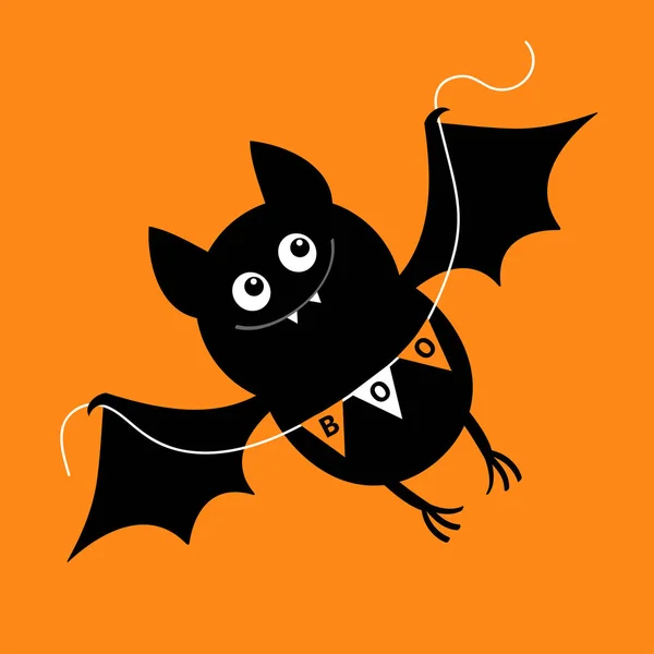 Batte Volante Tenant Drapeau Bunting Boo Joyeux Halloween Mignon Dessin — Image vectorielle
