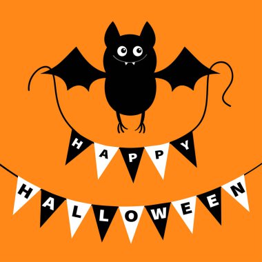 Bayrak çelengi tutan yarasa. Mutlu Cadılar Bayramı. Uçan korkunç kara hayvan. Şirin çizgi film kawaii ürkütücü karakter. Gülen yüz, kanatlar. Turuncu arkaplan tebrik kartı Düz tasarım Vektörü illüstrasyonu