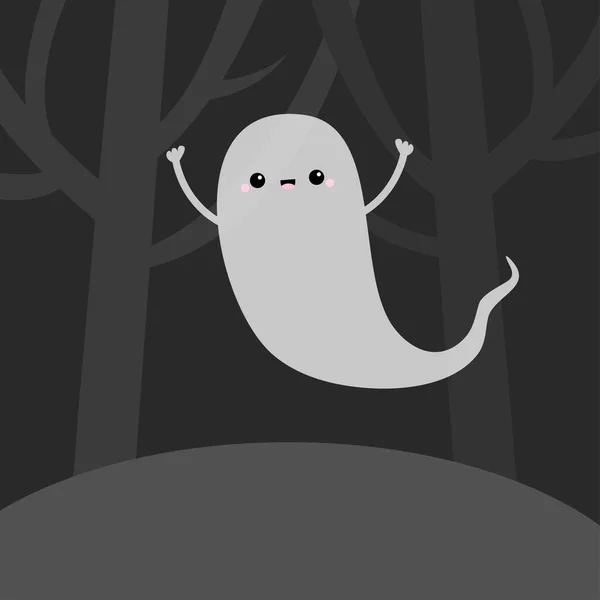 怖い木の森の風景です 暗闇の中で幽霊の霊を飛んで ハロウィン かわいいアニメカワイイ不気味な赤ちゃんのキャラクター ブーイ ホワイトゴースト 黒の背景 フラットデザイン ベクトル — ストックベクタ