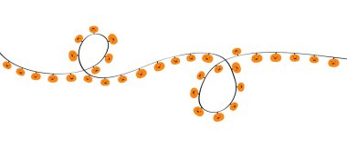 Cadılar Bayramı balkabağı ışığı seti. Parlayan bir çelenk şablonu. Güzel çizgi film suratı. Tatil şenliği dekorasyonu. Turuncu ipli peri ışıkları. Düz dizayn. Beyaz arka plan. İzole edilmiş. Vektör illüstrasyonu