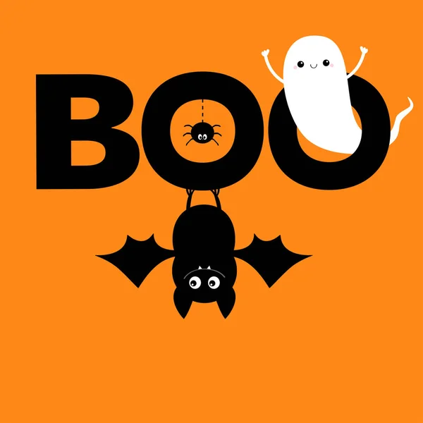 Létající Duch Visící Pálka Boo Text Pavoukem Šťastný Halloween Roztomilý — Stockový vektor
