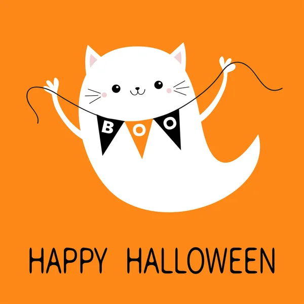 Happy Halloween Flying Cat Ghost Spirit Holding Bunting Flag Boo — Stock Vector