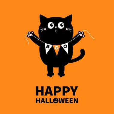 Mutlu Cadılar Bayramı. Elinde bayrak taşıyan kara kedi. Korkunç hayvan. Şirin çizgi film kawaii ürkütücü karakter. Gülümseyen yüz, eller. Turuncu arka plan. Tebrik kartı. Düz dizayn. Vektör illüstrasyonu