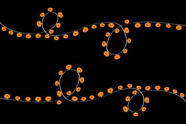 Cadılar Bayramı balkabağı ışığı seti. Parlayan bir çelenk şablonu. Güzel çizgi film suratı. Tatil şenliği dekorasyonu. Turuncu ipli peri ışıkları. Düz dizayn. İzole edilmiş. Siyah arka plan. Vektör illüstrasyonu