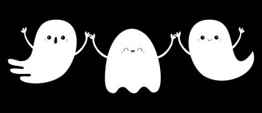 Ruh el ele tutuşuyor. Üç hayalet hattı. Mutlu Cadılar Bayramı. Korkunç uçan beyaz hayaletler. Yuh! Şirin çizgi film kawaii ürkütücü bebek karakteri. Gülen surat. Siyah arka plan. Düz dizayn. Vektör illüstrasyonu