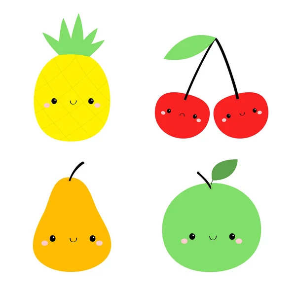 Ikon Pineapple Pear Apple Cherry Siap Warna Kuning Kartun Lucu - Stok Vektor