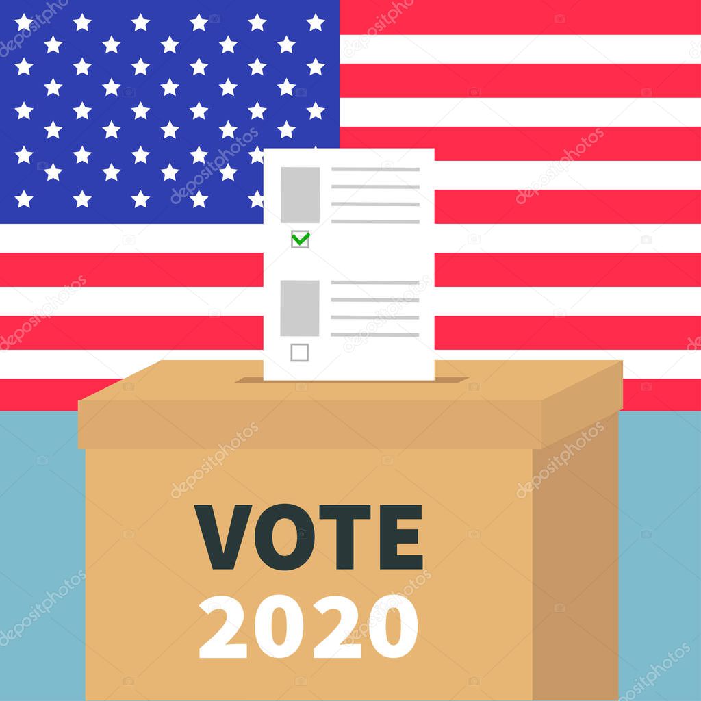 President election day Vote 2020. Ballot Voting box with paper blank bulletin concept. Polling station.American flag on the wall. Flat design. Invitation Card. Isolated. Blue background Vector