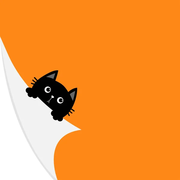 Feliz Halloween Esquina Papel Rizado Cara Gato Negro Sosteniendo Doblar — Vector de stock