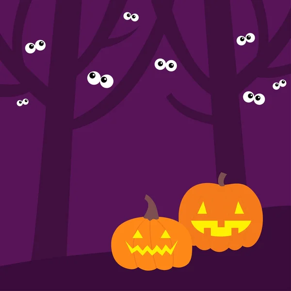 Feliz Halloween Escena Bosque Árboles Aterrador Paisaje Conjunto Calabazas Fantasma — Vector de stock