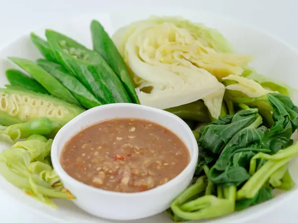 Thajská Kuchyně Nam Prik Nebo Chilli Pasta Různými Zeleninovou Nebo — Stock fotografie
