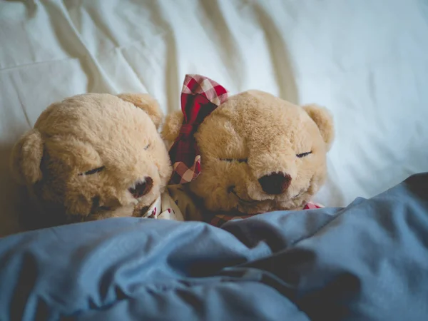Two teddy bears in the bed, Teddy Bear Lovers. Valentine concept — Stock Photo, Image