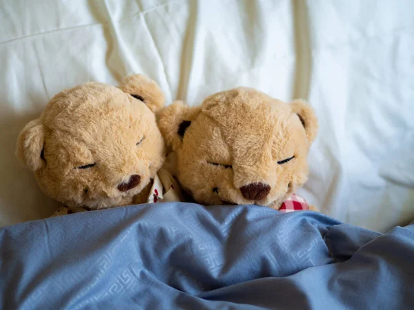 Dva medvídci v posteli a milenci medvídek. Valentýnská koncepce — Stock fotografie