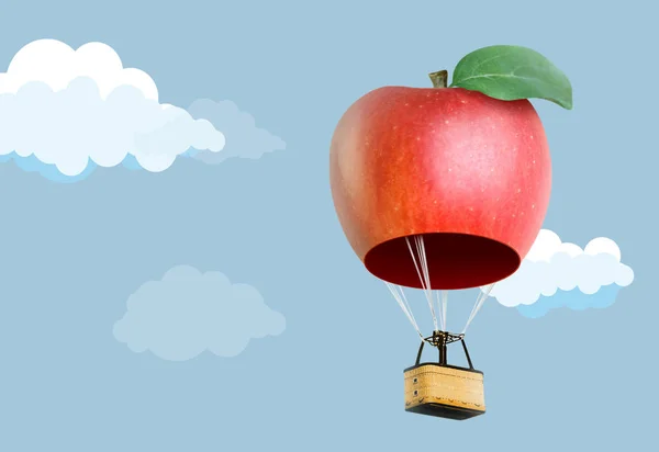 Globo de aire caliente de manzana 3D flotando en el cielo — Foto de Stock