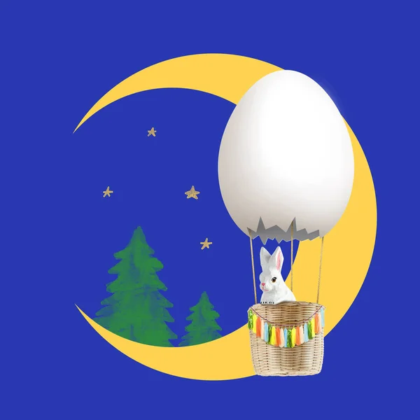 El conejo está en globo aerostático 3D Egg flotando en la escena —  Fotos de Stock