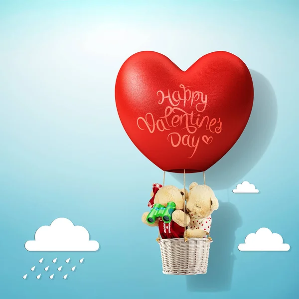 С Днем Святого Валентина! Надпись на трехмерном красном сердце с воздушным баллоном — стоковое фото