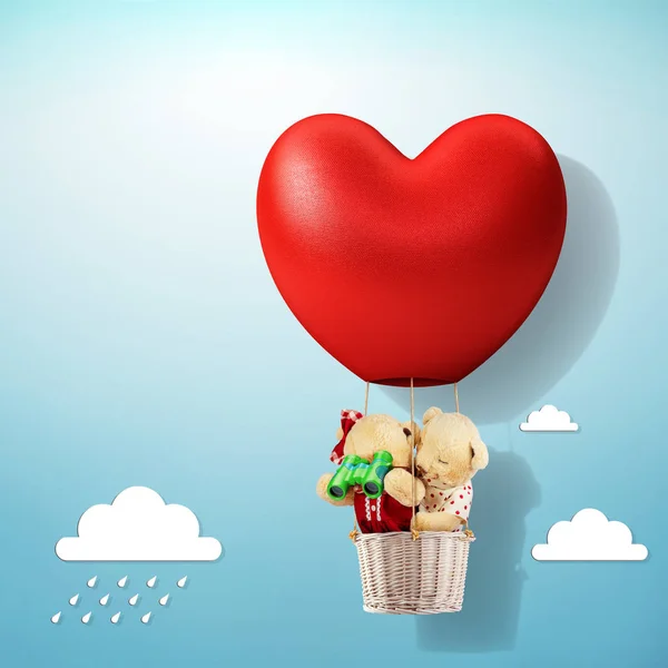 3D красное сердце воздушный шар и Тедди Медведь любовники держат — стоковое фото