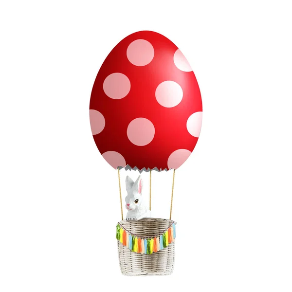 El conejo está en 3D Polka Dot Egg globo de aire caliente flotando hasta —  Fotos de Stock