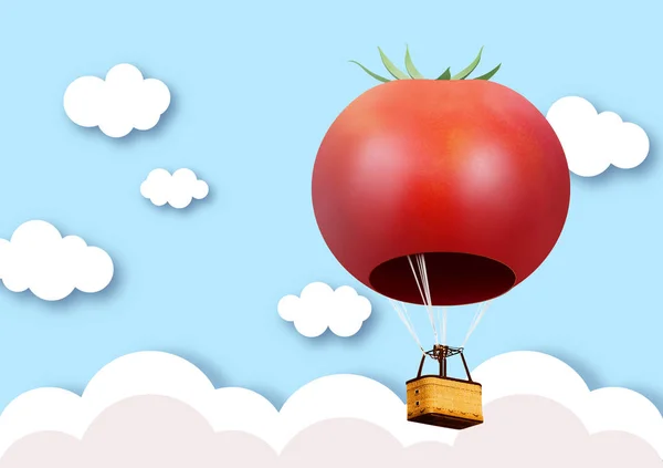 3d domates sıcak hava balonu mavi gökyüzünde yüzen ve bulutlu; Hava seyahat ve uçak, Turizm ve rekreasyon. Gökyüzü nesneleri.
