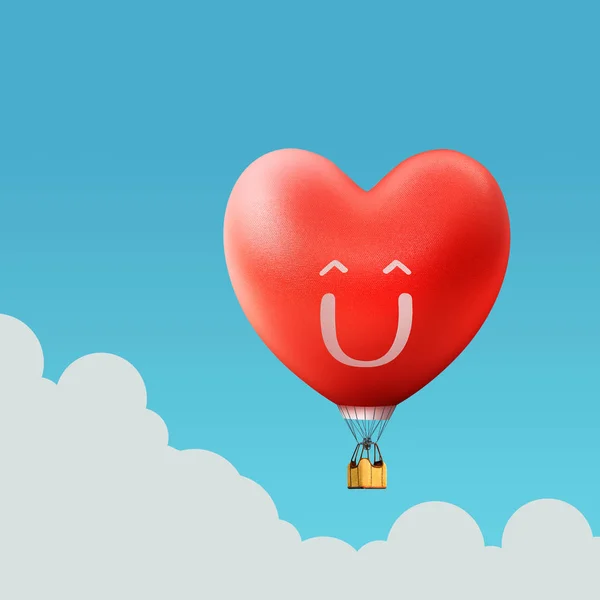 Happy valentines day lettering on 3D red heart hot air  balloon and Teddy Bear Lovers are holding binoculars in a balloon. floating on red background , Air travel and aircraft, Tourism and recreation, Sky objects.