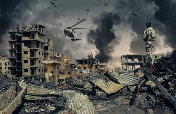 Military forces & helicopters in destroyed city 