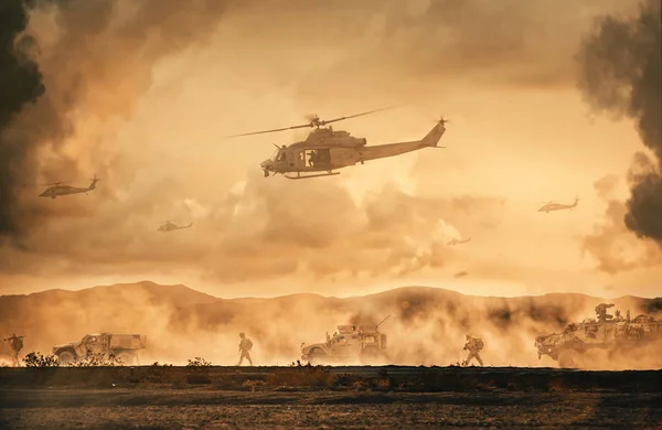 Military helicopters, forces and tanks between storm and dust in desert to reach battlefield.