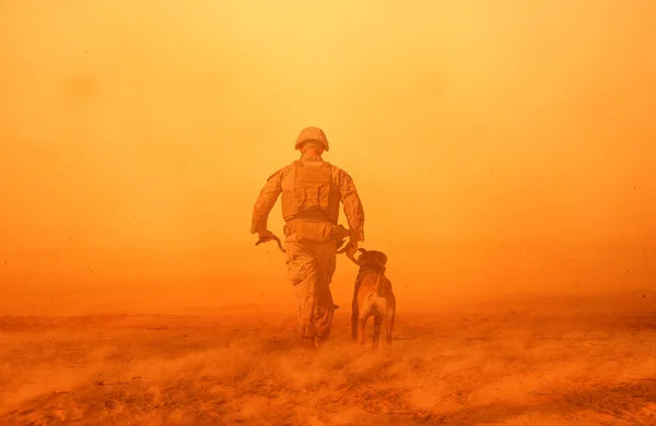 Military soldier with a dog between storm and dust at desert
