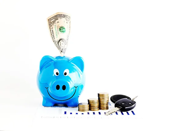 Dollar Banknite Piggy Bank Coins Car Keys Saving Money Concept — Stock Photo, Image