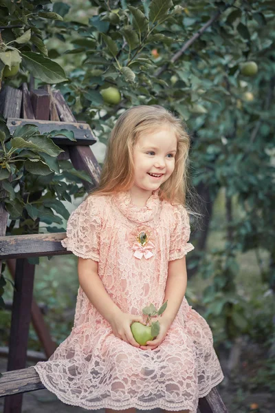 Hermosa Niña Jardín Manzanas Encuentra Una Escalera Jardín Feliz Infancia — Foto de Stock