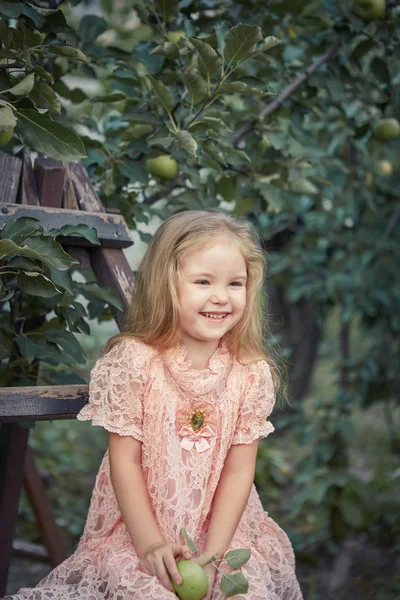 Menina Bonita Jardim Maçã Senta Uma Escada Jardim Infância Feliz — Fotografia de Stock