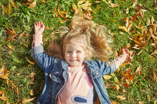 Pequena Menina Feliz Deitada Grama Outono Dia Ensolarado — Fotografia de Stock