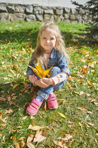 秋の晴れた日に草の上に座って幸せな少女 — ストック写真