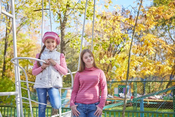 Girl Syndrome Little Girl Autumn Park Happy Cheerful — Stock Photo, Image
