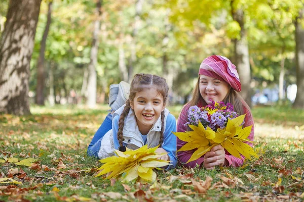 Κορίτσι με σύνδρομο Down και μικρό κορίτσι στο φθινόπωρο πάρκο. — Φωτογραφία Αρχείου