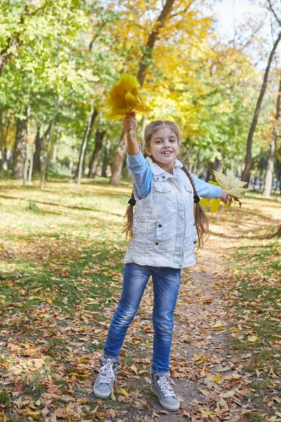 Счастливая девочка в осеннем парке — стоковое фото