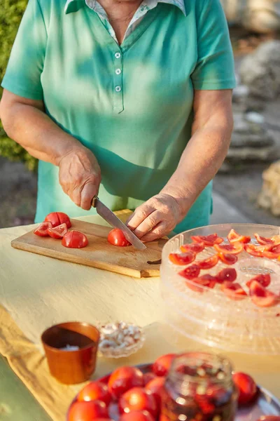 Female hands in the garden cutting tomatoes — Stock Photo, Image
