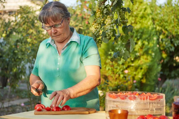 Woman in the garden cutting tomatoes — Stock Photo, Image