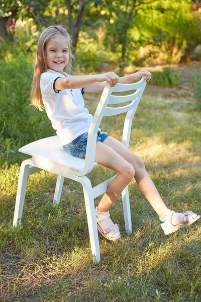 Little Charming Girl Sitting White Chair Summer Garden — Stock Photo, Image