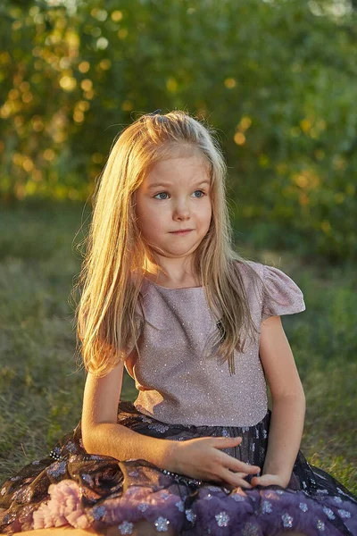 Little Charming Girl Sitting Grass Summer Garden Sunset — Stock Photo, Image