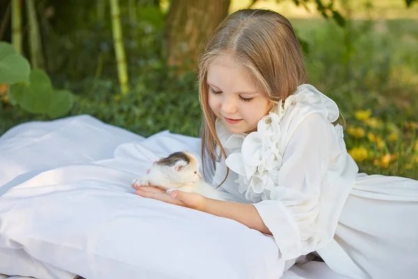 小さな女の子嘘でベッドで夏の庭で子猫 — ストック写真