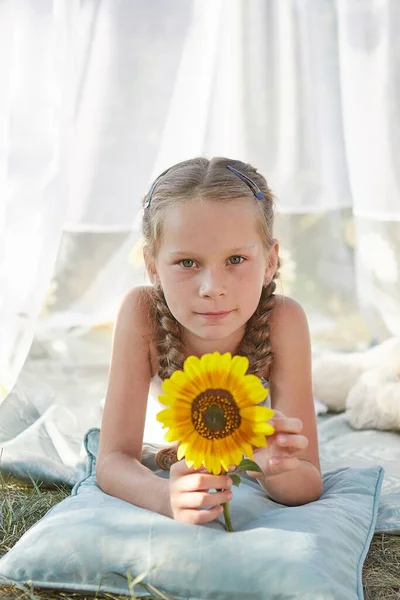 Little Girl White Chiffon Tent Sunflower Childhood Tenderness Beauty — Stock Photo, Image