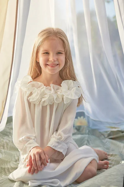 Little Girl White Chiffon Tent Childhood Tenderness Beauty — Stock Photo, Image