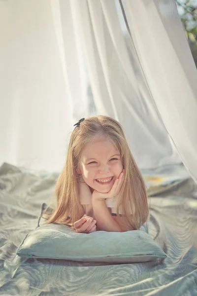 Little Girl White Chiffon Tent Childhood Tenderness Beauty — Stock Photo, Image