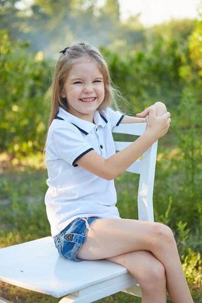 Little Charming Girl Sitting White Chair Summer Garden — Stock Photo, Image